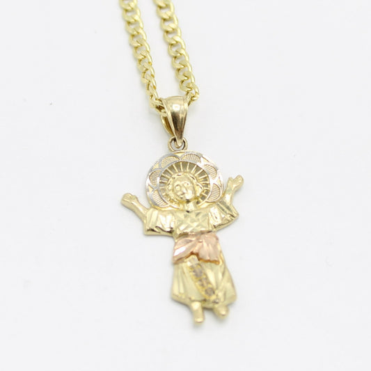 14K Divino Niño Pendant Two Tones with Semi-Solid Cuban Chain Yellow Gold