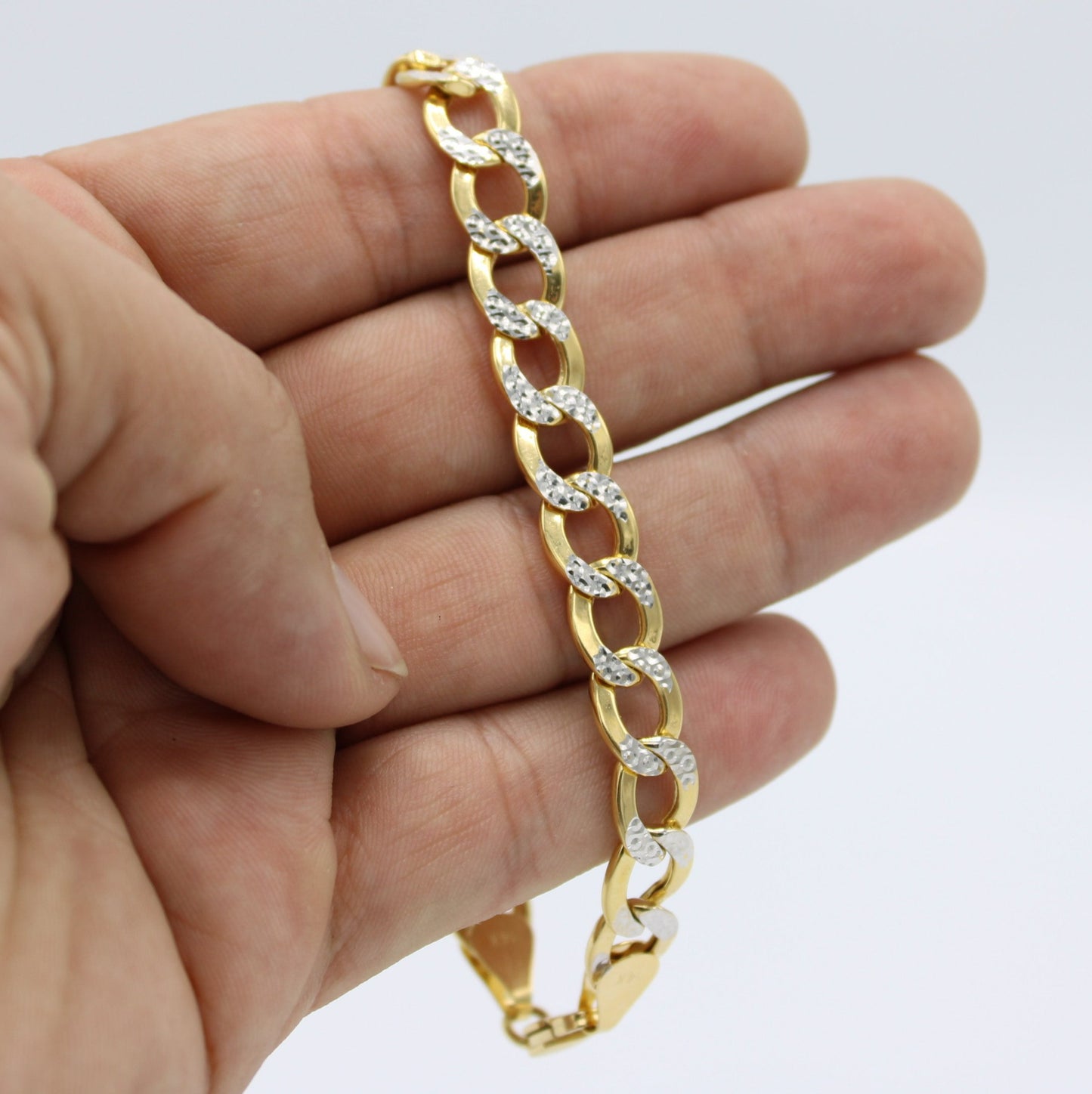 14K Semi-Solid Flat Cuban Bracelet Two Tones Yellow Gold // 9mm //