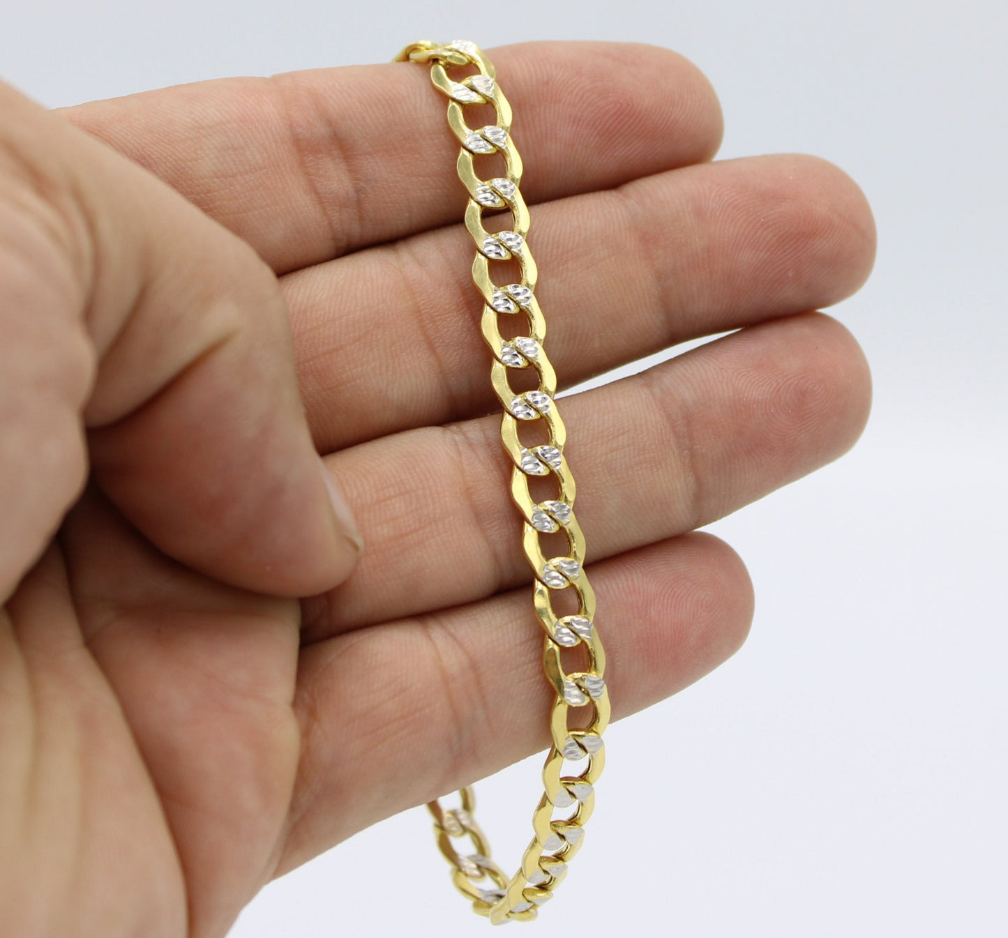 14K Semi-Solid Flat Cuban Bracelet Two Tones Yellow Gold // 7mm //