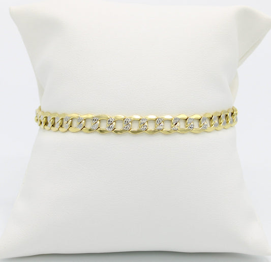 14K Semi-Solid Flat Cuban Bracelet Two Tones Yellow Gold // 7mm  //