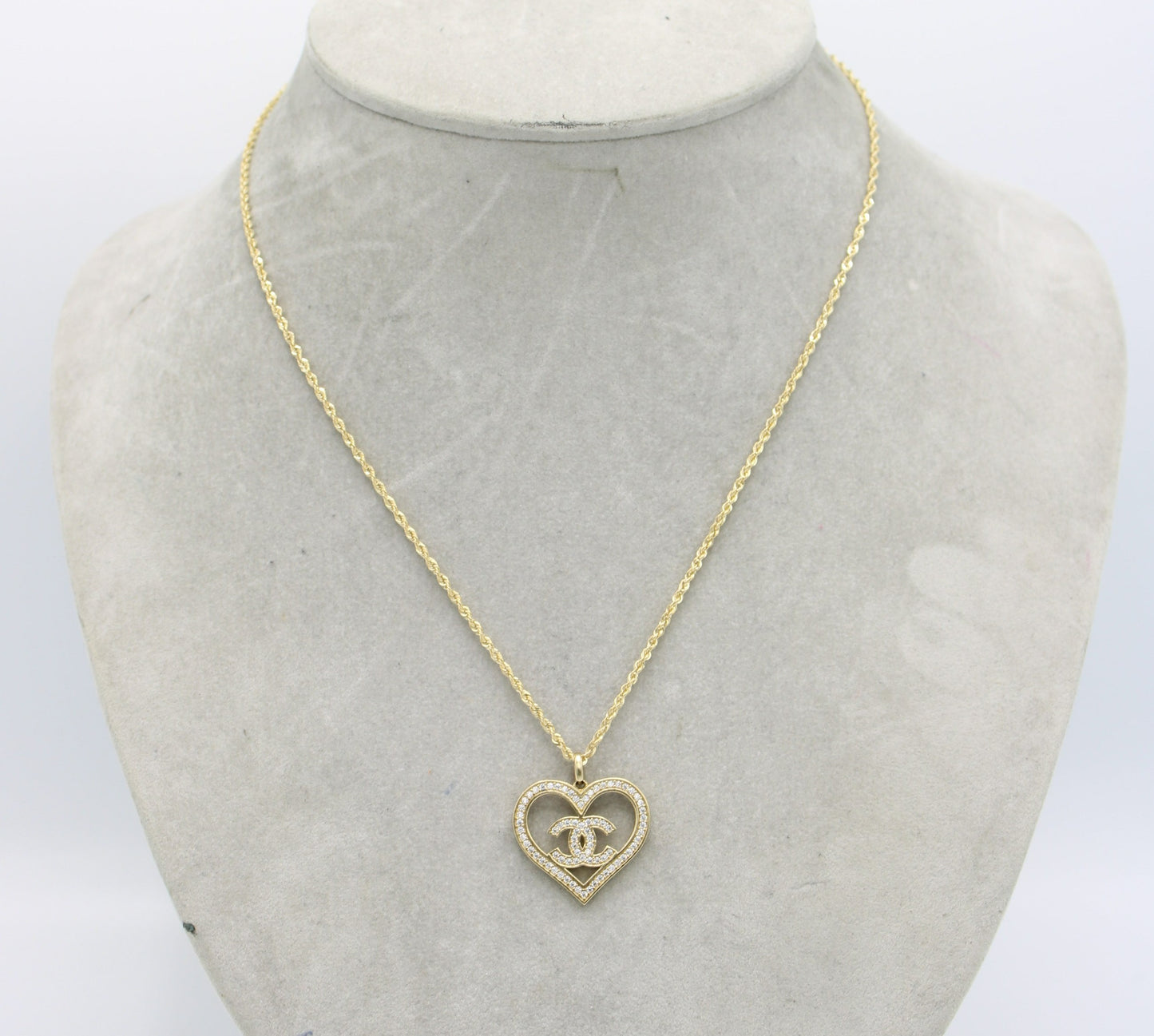14K Heart Pendant Cz Stones with Flat Cuban Chain Yellow Gold