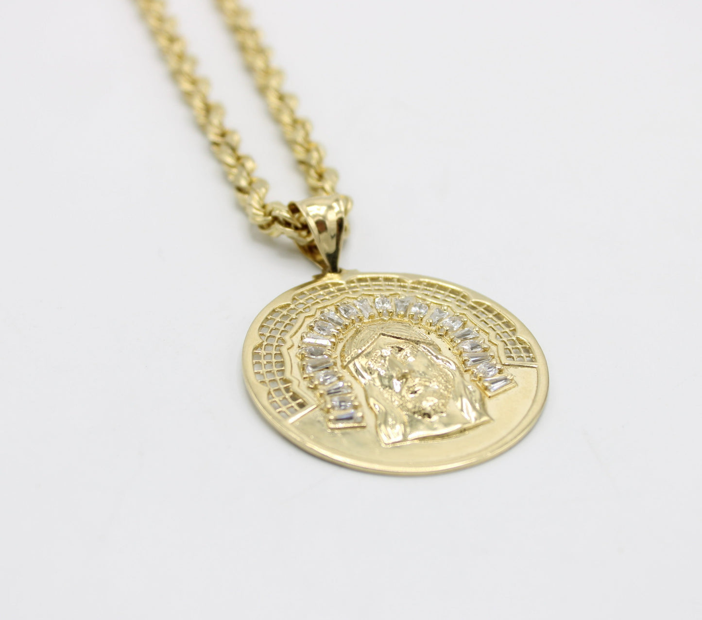 14K Round Jesus Face Pendant Cz Stones with Rope Chain Yellow Gold