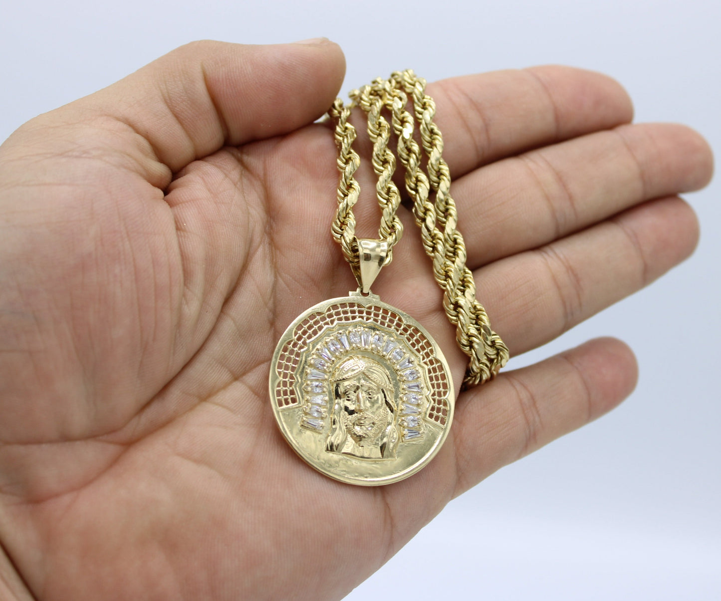 14K Round Jesus Face Pendant Cz Stones with Rope Chain Yellow Gold