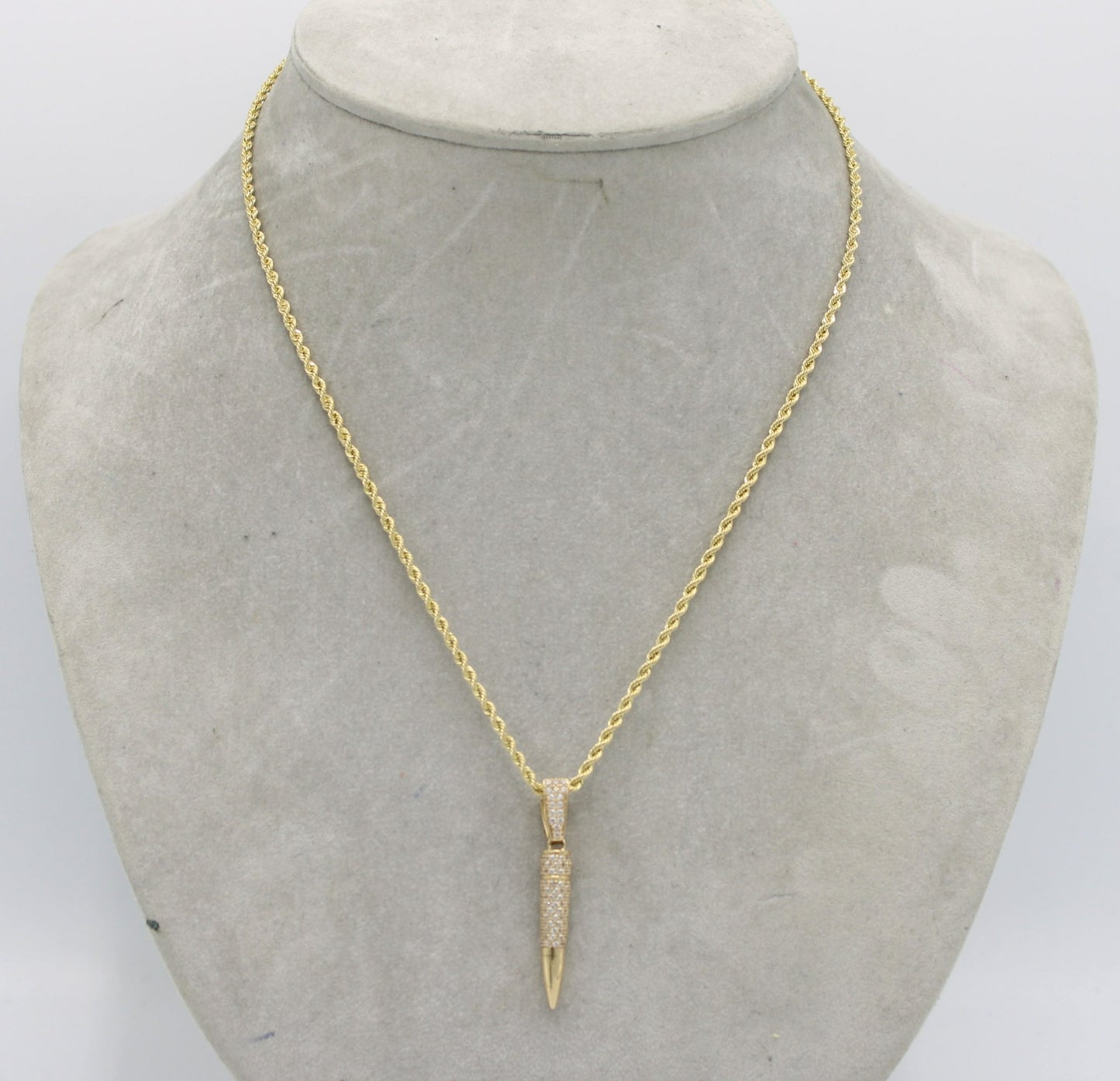 14K Bullet Pendant Cz Stones with Rope Chain Yellow Gold