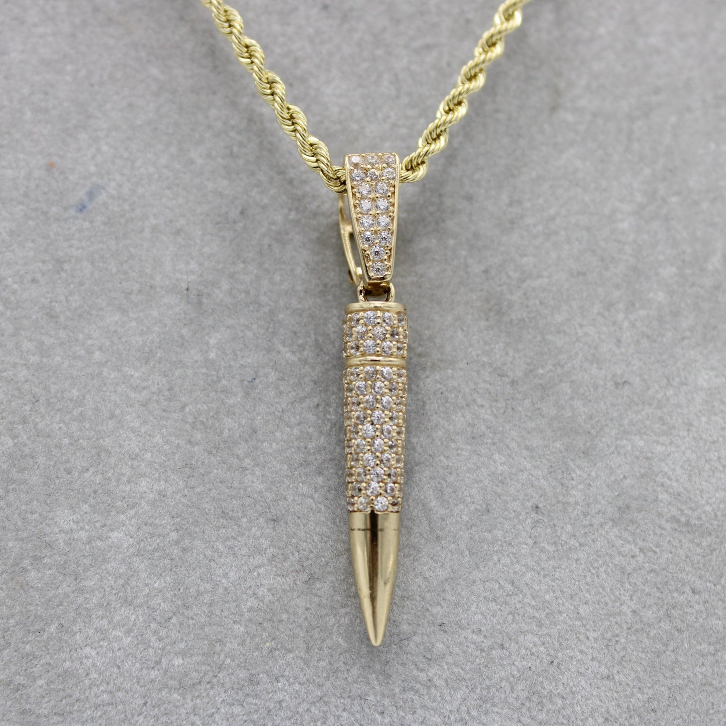 14K Bullet Pendant Cz Stones with Rope Chain Yellow Gold