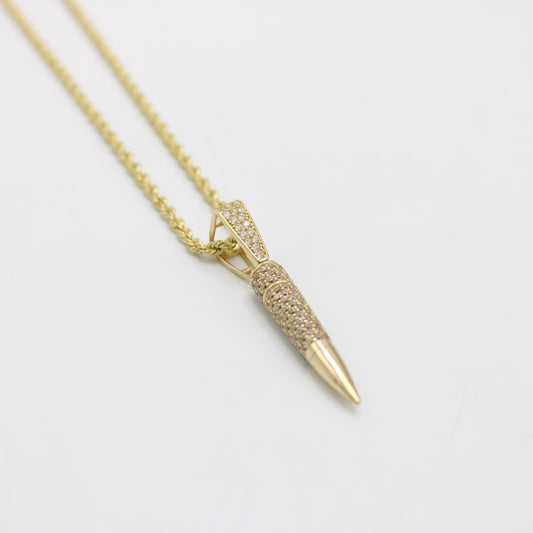14K Bullet Pendant Cz Stones with Rope Chain Yellow Gold