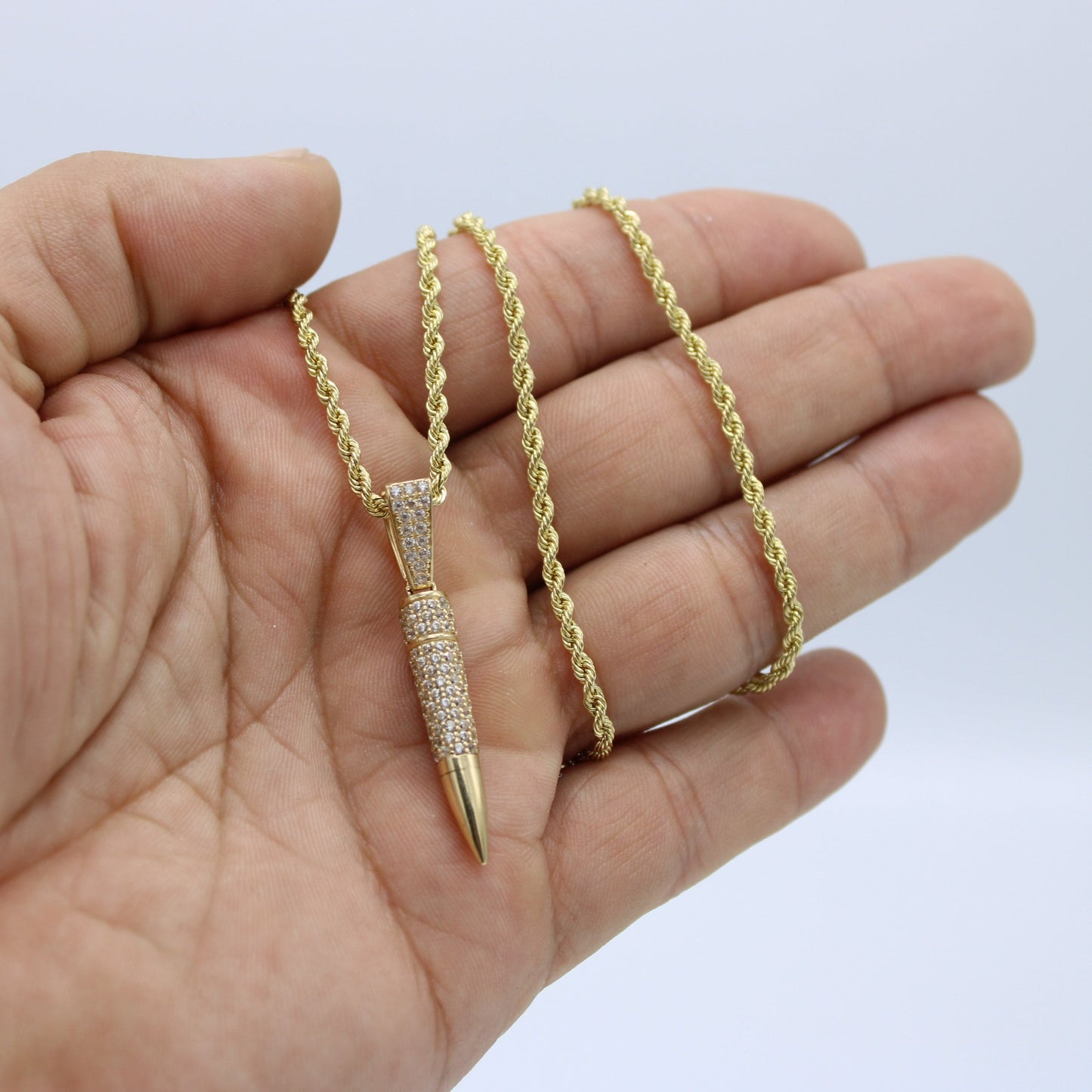 14K Bullet Pendant Cz Stones with Rope Chain Yellow Gold