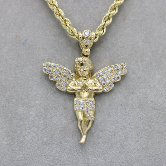 14K Angel Pendant Cz Stones with Rope Chain Yellow Gold