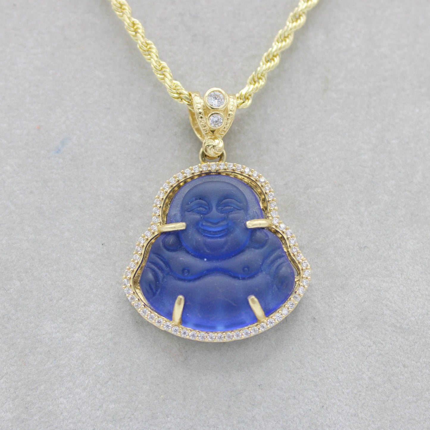 14K Buda (Blue) Pendant Cz Stones with Rope Chain Yellow Gold