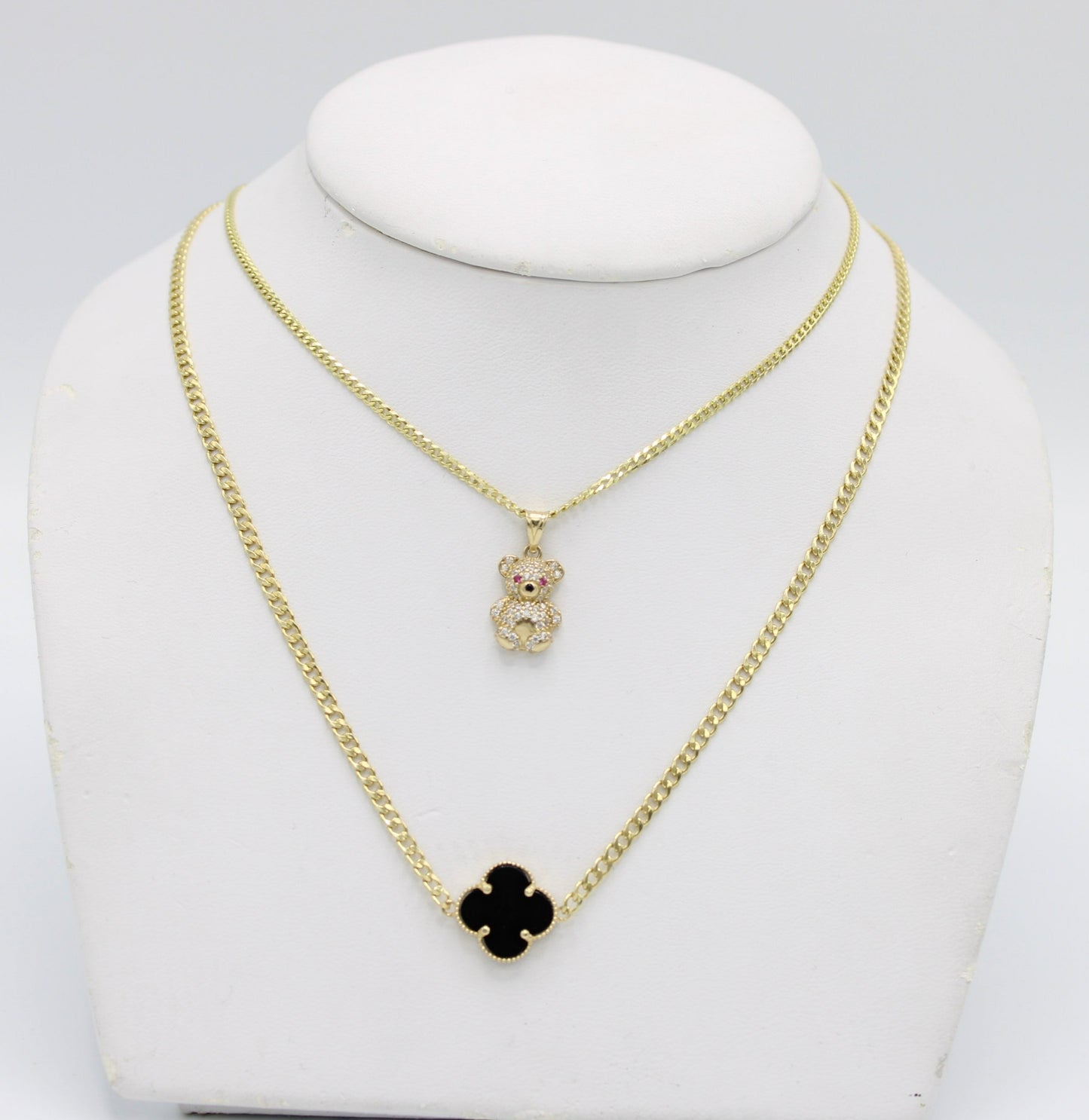 14K Set Cuban Chains with Teddy Bear - VCF Pendant Cz Stones Yellow Gold