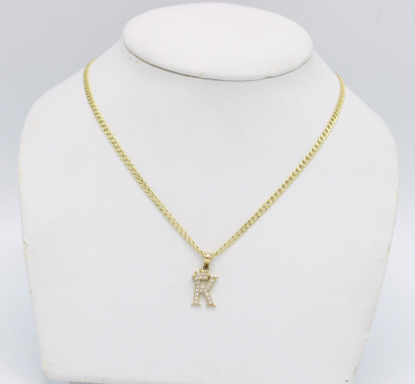 14K Crown Initial Name (K) Pendant Cz Stones With Cuban Chain Yellow Gold