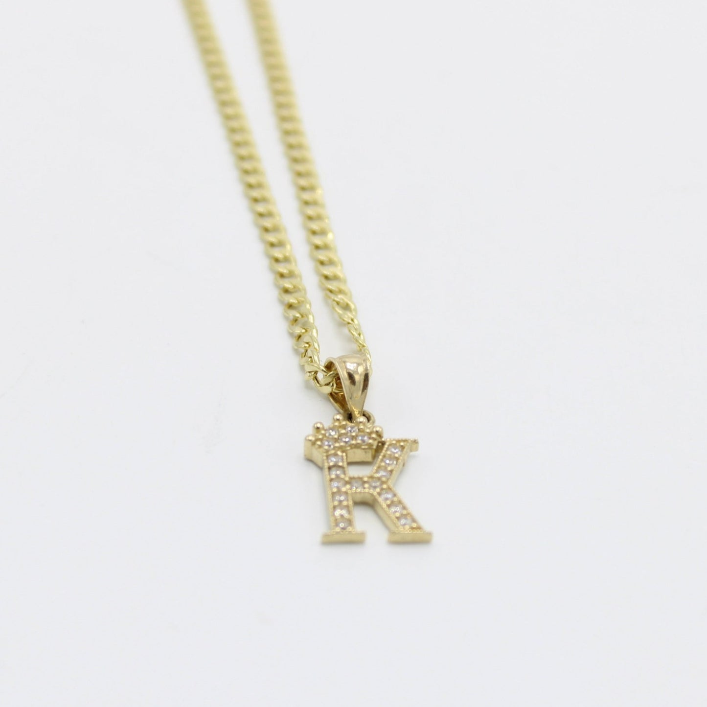 14K Crown Initial Name (K) Pendant Cz Stones With Cuban Chain Yellow Gold