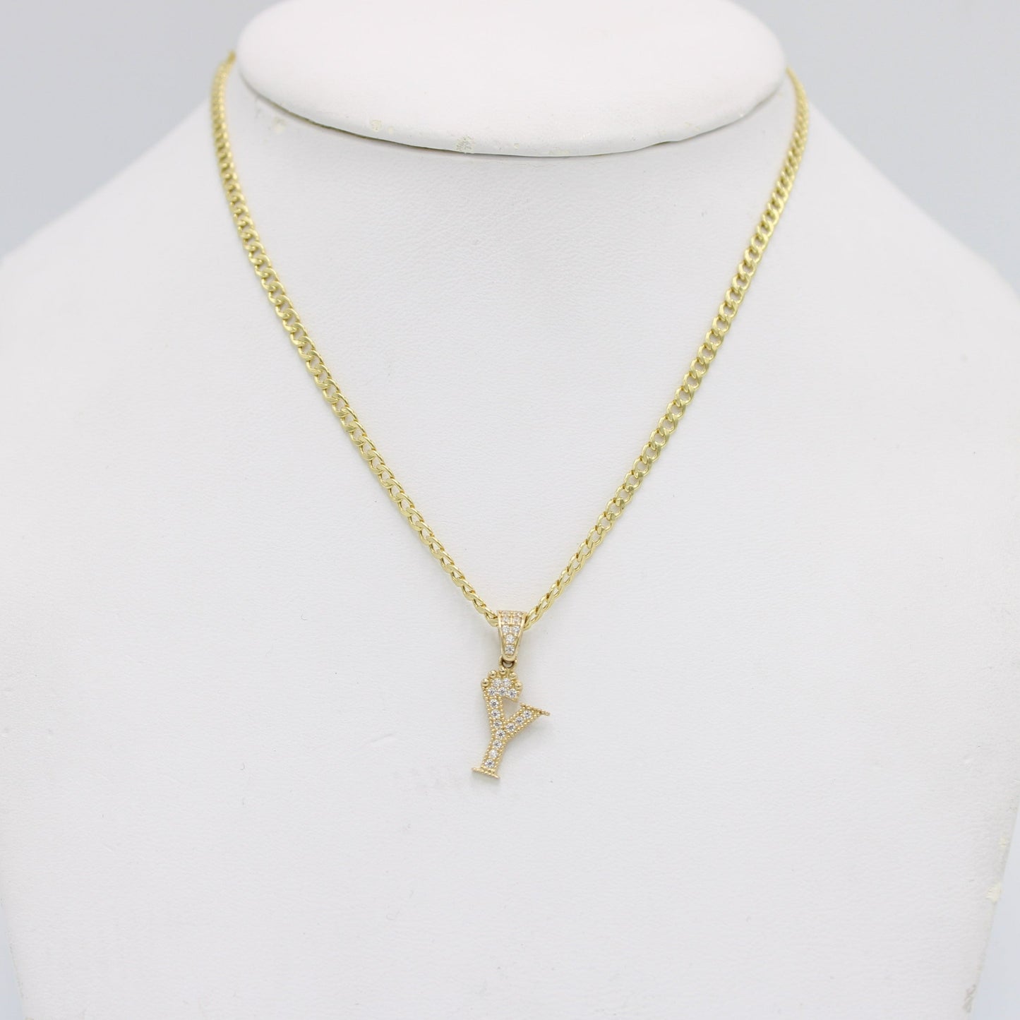 14K Crown Initial Name (Y) Pendant Cz Stones With Cuban Chain Yellow Gold