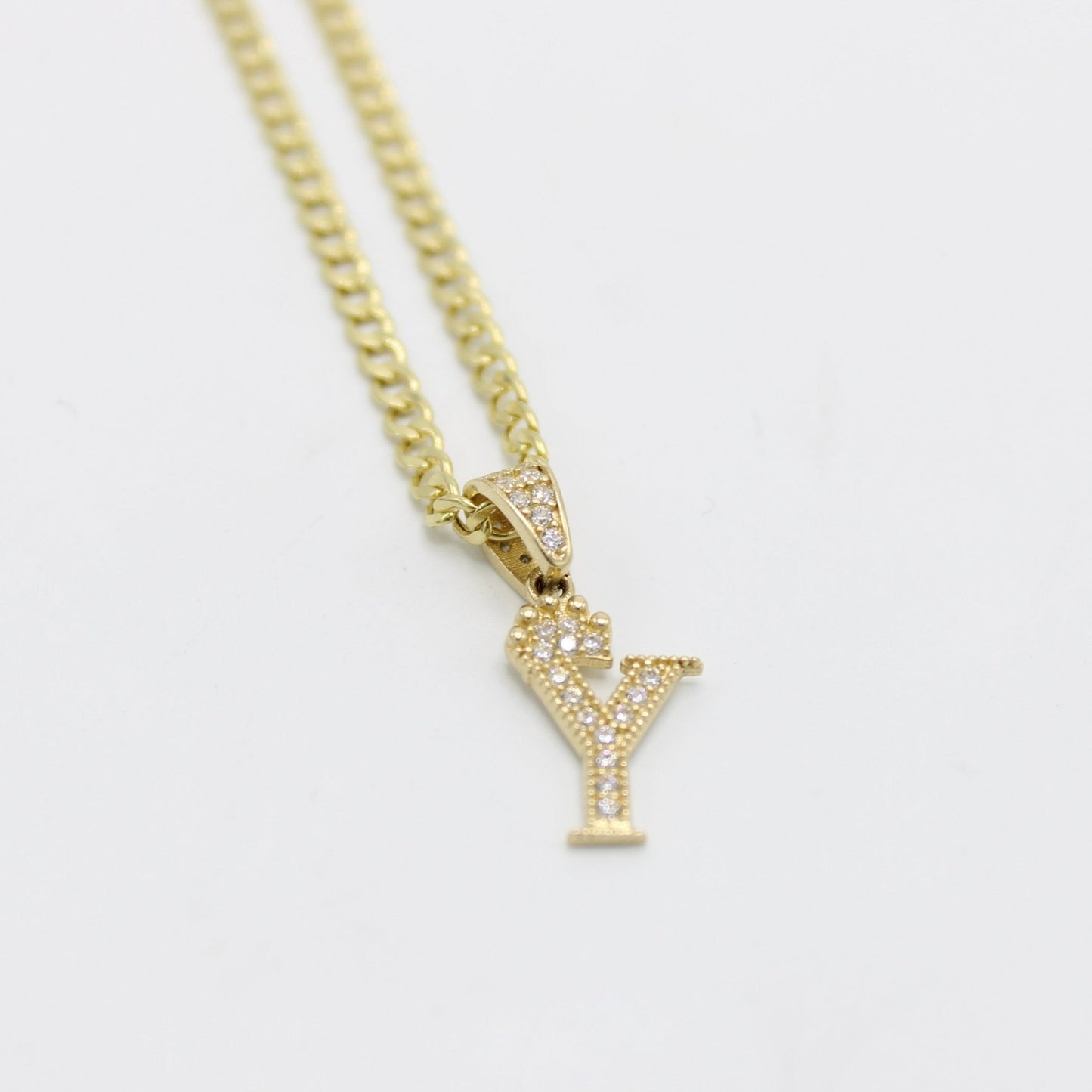 14K Crown Initial Name (Y) Pendant Cz Stones With Cuban Chain Yellow Gold
