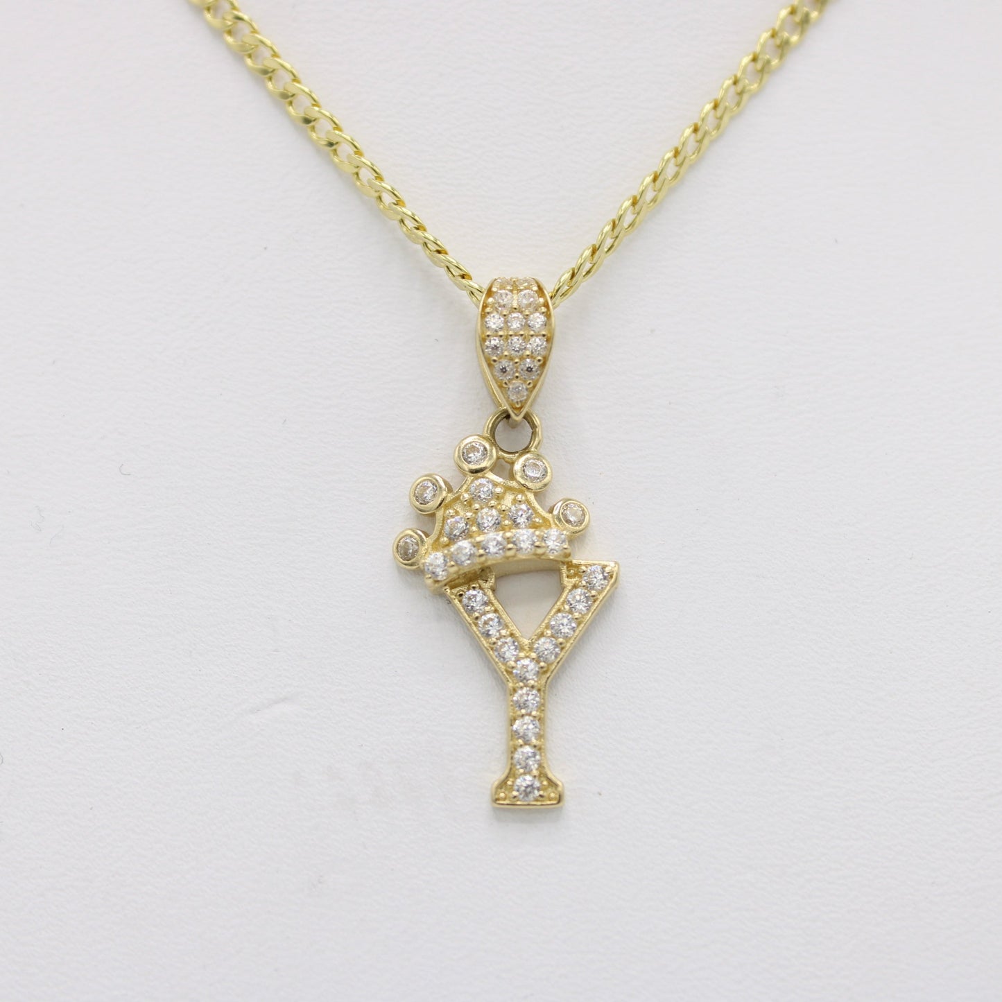 14K Crown Initial Name (Y) Pendant Cz Stones With Cuban Chain Yellow Gold