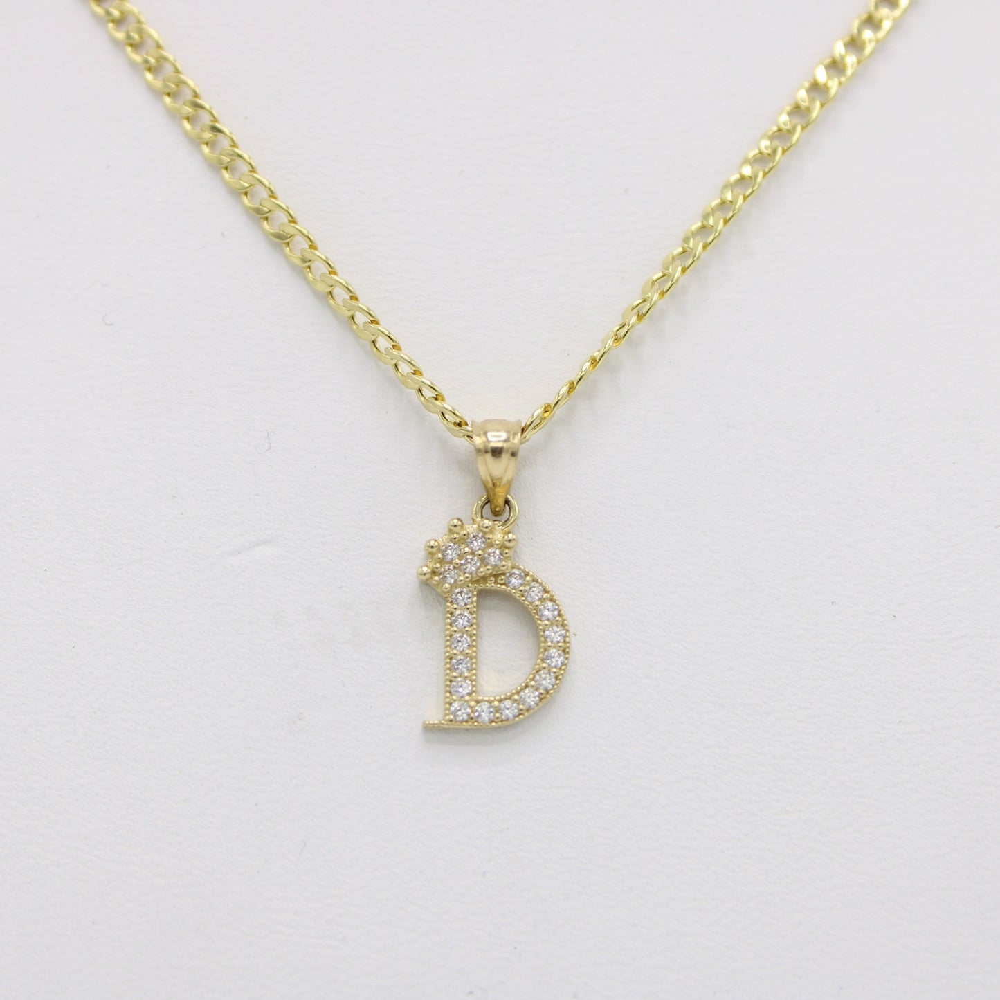 14K Mini-Crown Initial Name (D) Pendant Cz Stones With Cuban Chain Yellow Gold