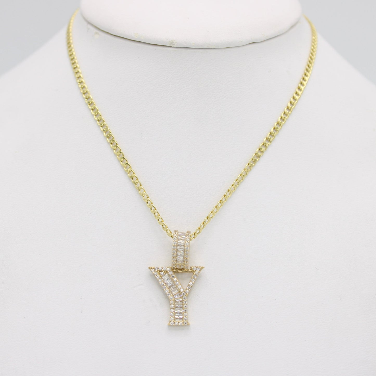 14K Initial Name (Y) Pendant Baguette/Cz Stones With Cuban Chain Yellow Gold