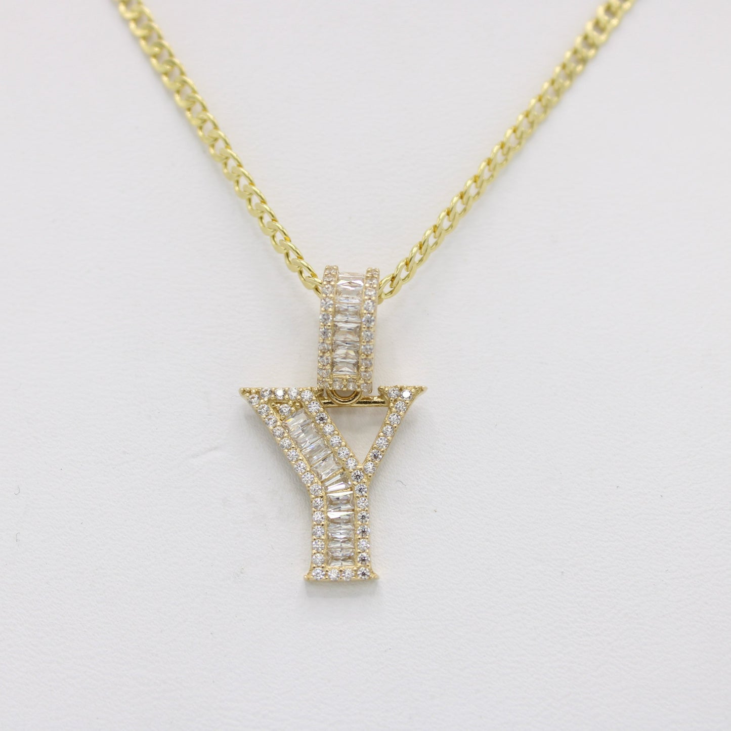 14K Initial Name (Y) Pendant Baguette/Cz Stones With Cuban Chain Yellow Gold