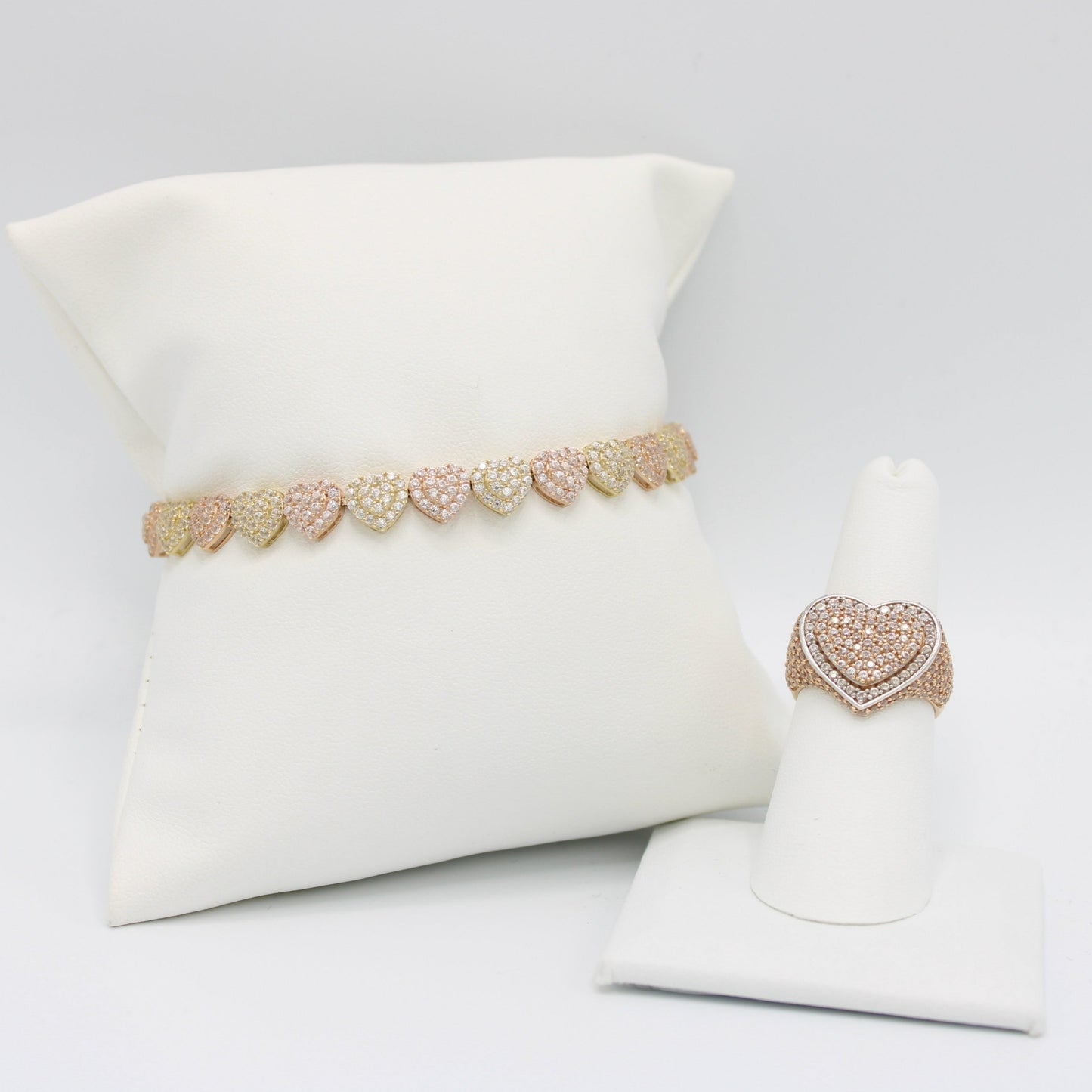 14K Heart Set Bracelet and Ring Two Tones Yellow Gold