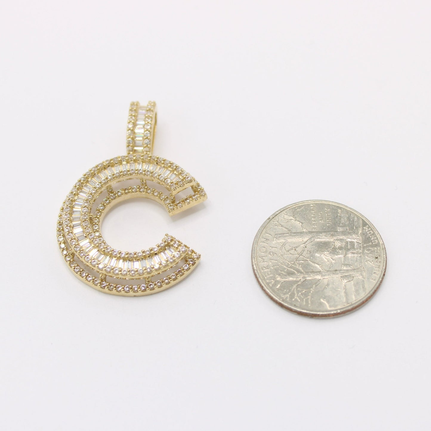 14K Initial Name ( C ) Baguette / Cz Stones Yellow Gold