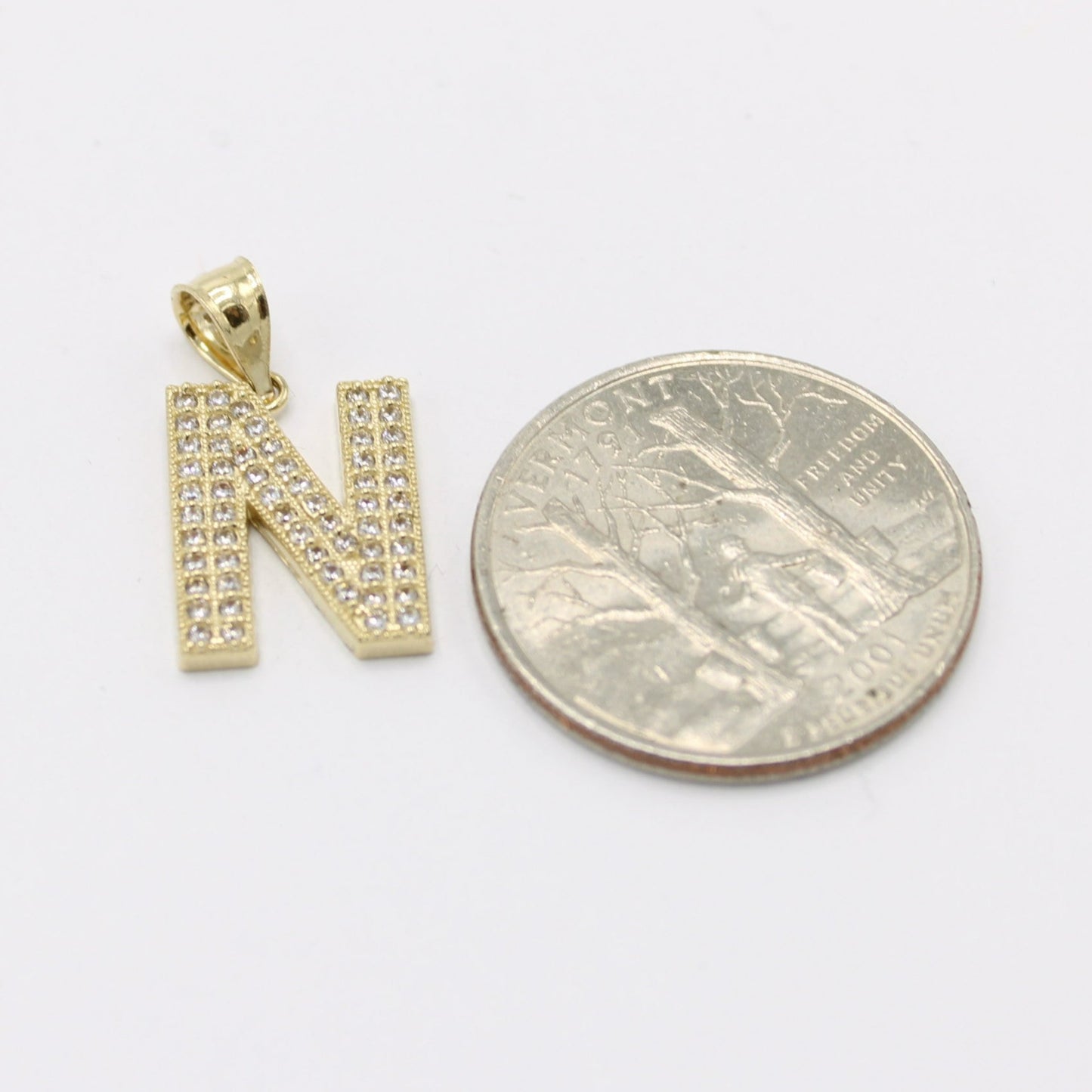 14K Initial Name ( N ) Cz Stones Yellow Gold