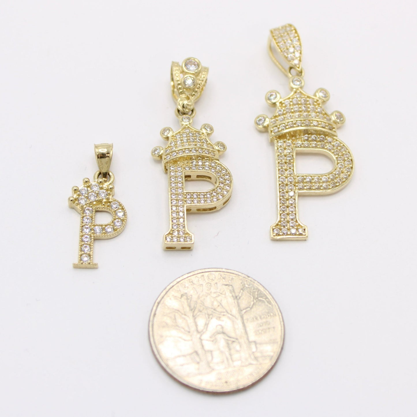 14K Crown Initial Name ( P ) Cz Stones Yellow Gold