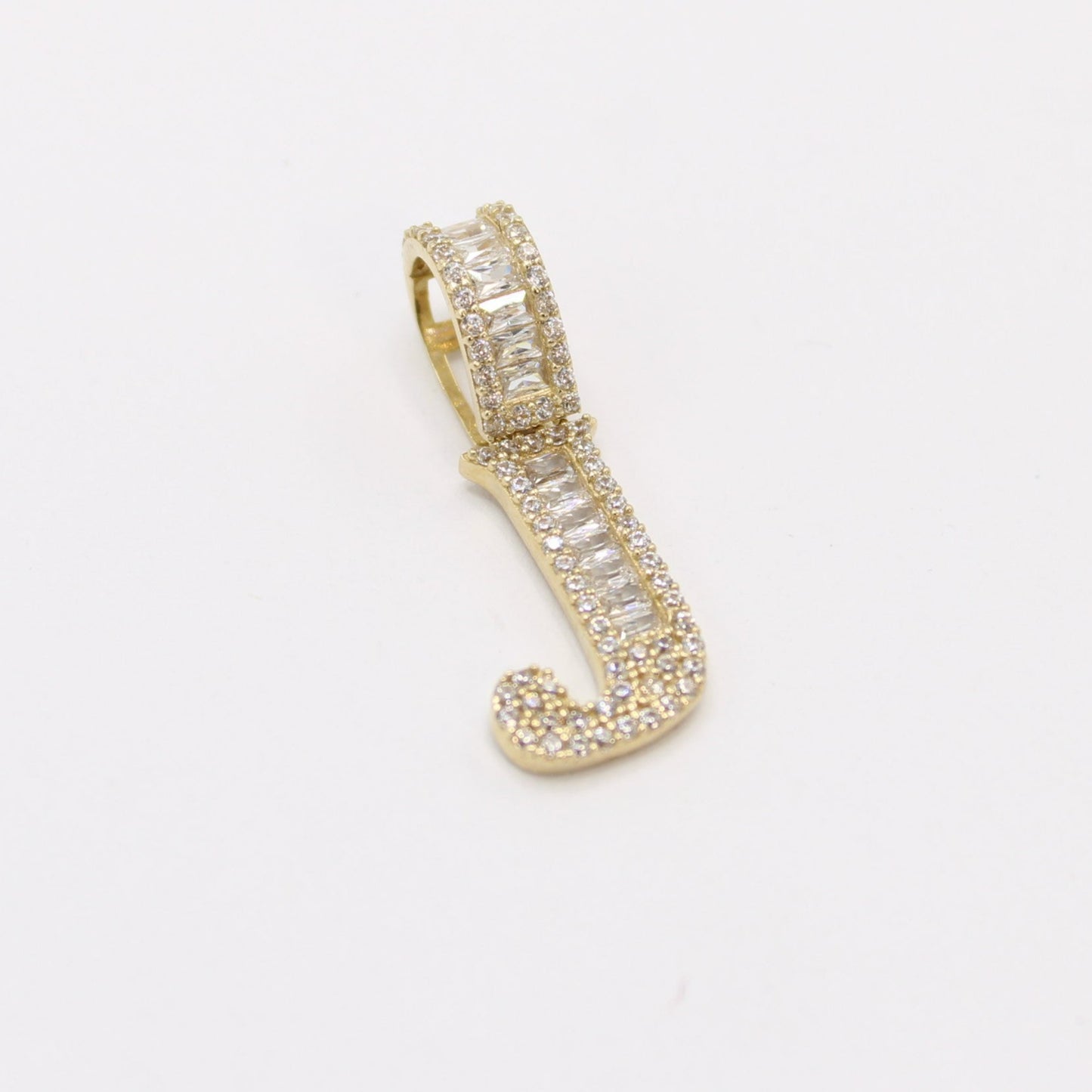 14K Initial Name ( J ) Baguette / Cz Stones Yellow Gold