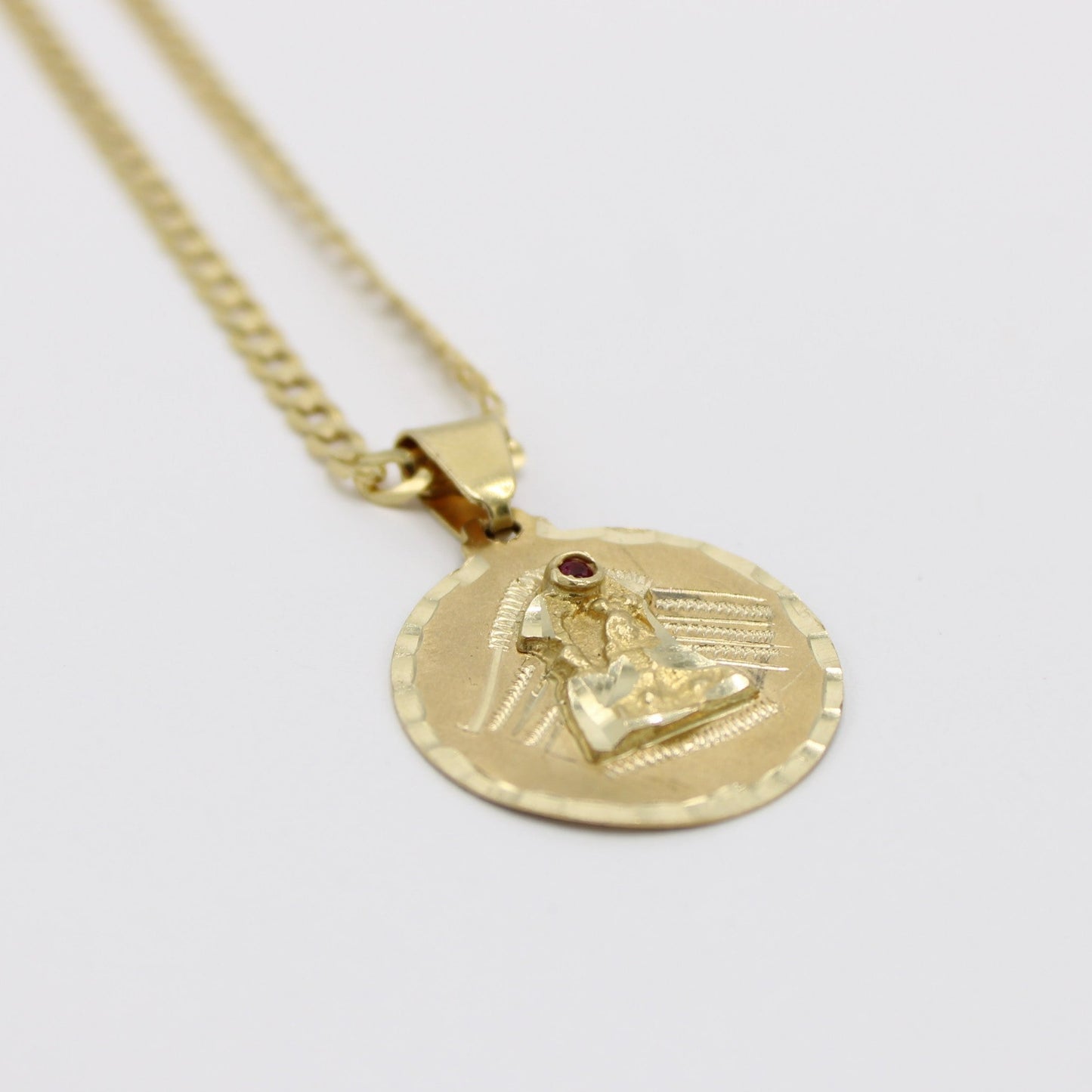 14K Virgen Maria Pendant (Red Stone) With Solid Cuban Chain Yellow Gold