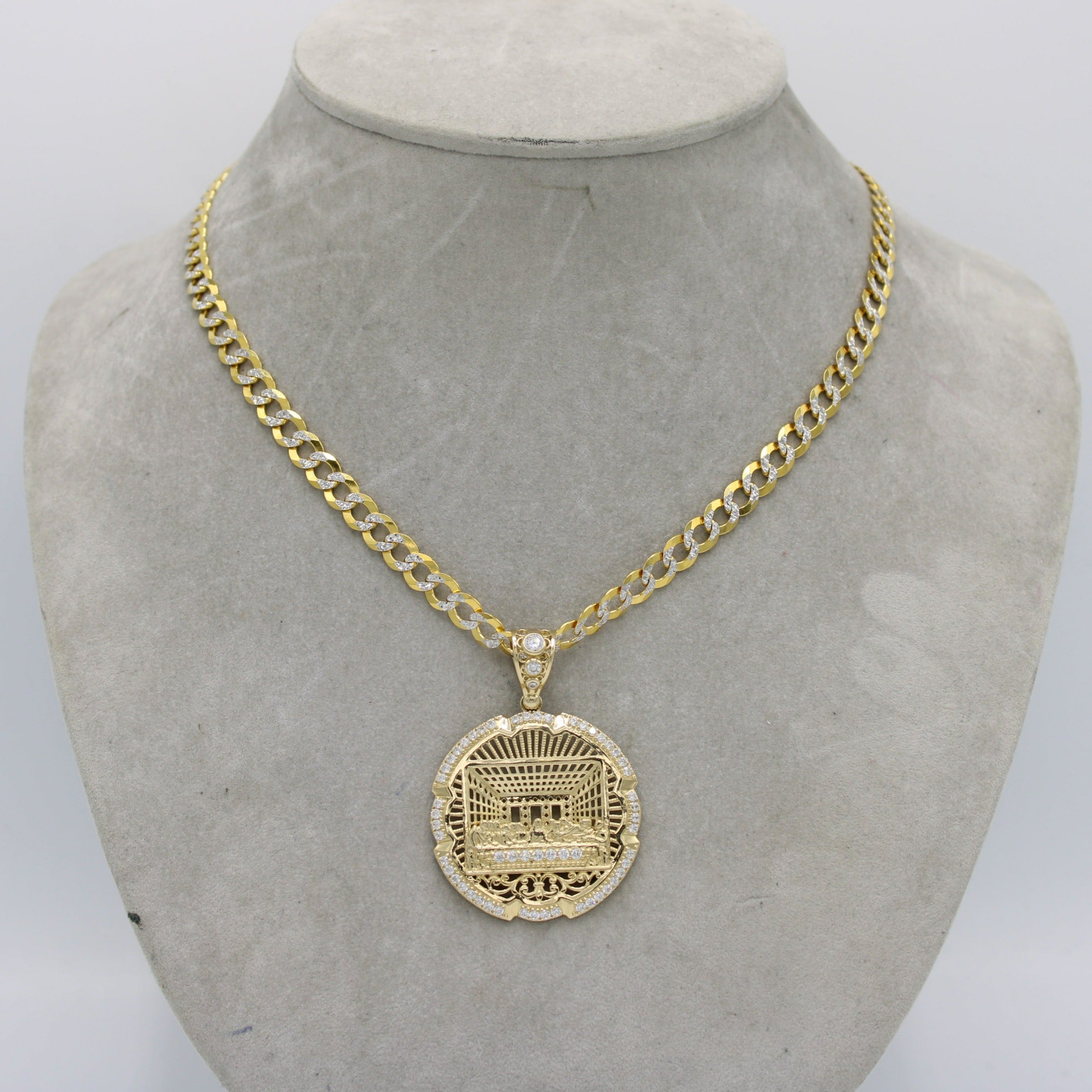 14K Last Supper Pendant Cz Stones With Solid Cuban Chain Two Tones