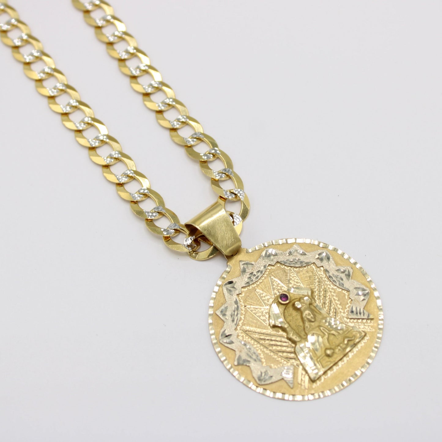 14K Virgen Maria Pendant (Red Stone) With Solid Cuban Chain Two Tones Yellow Gold