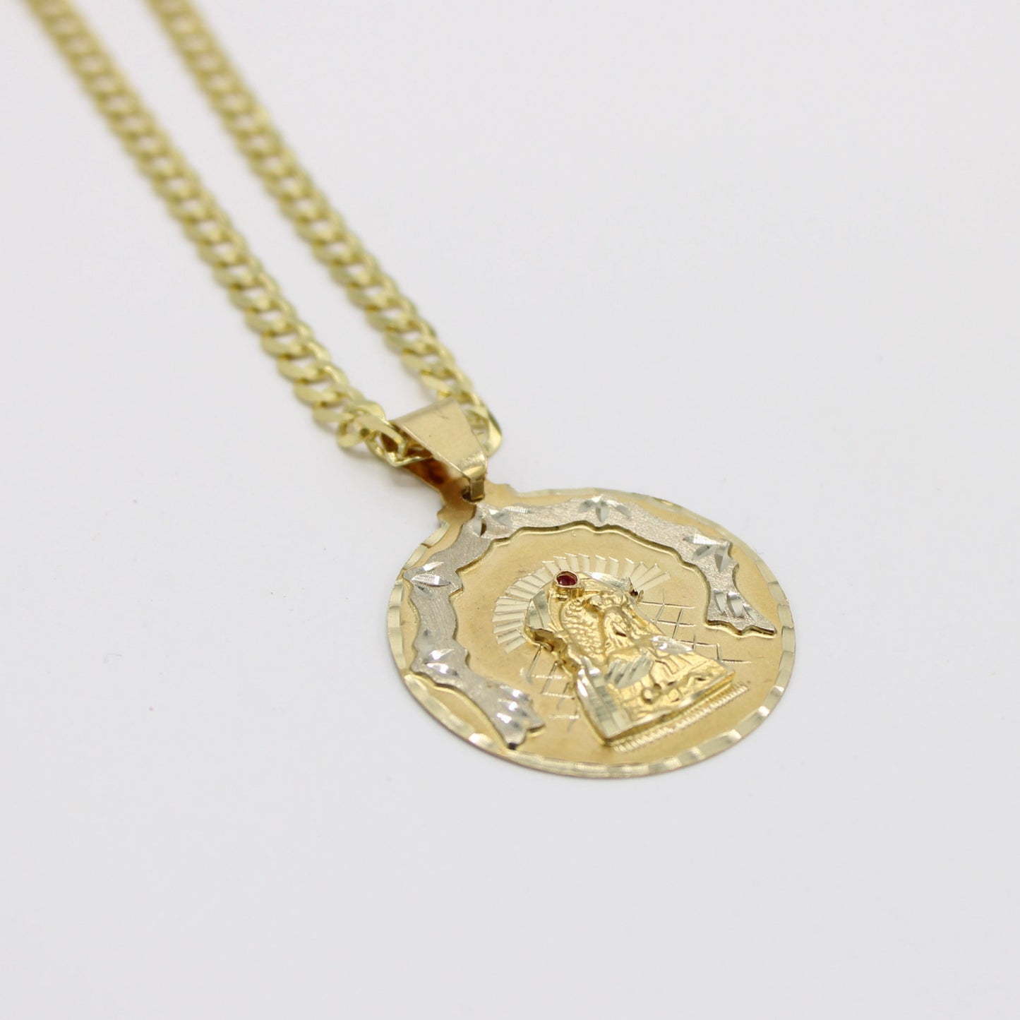 14K Virgen Maria Pendant (Red Stone) With Solid Cuban Chain Yellow Gold