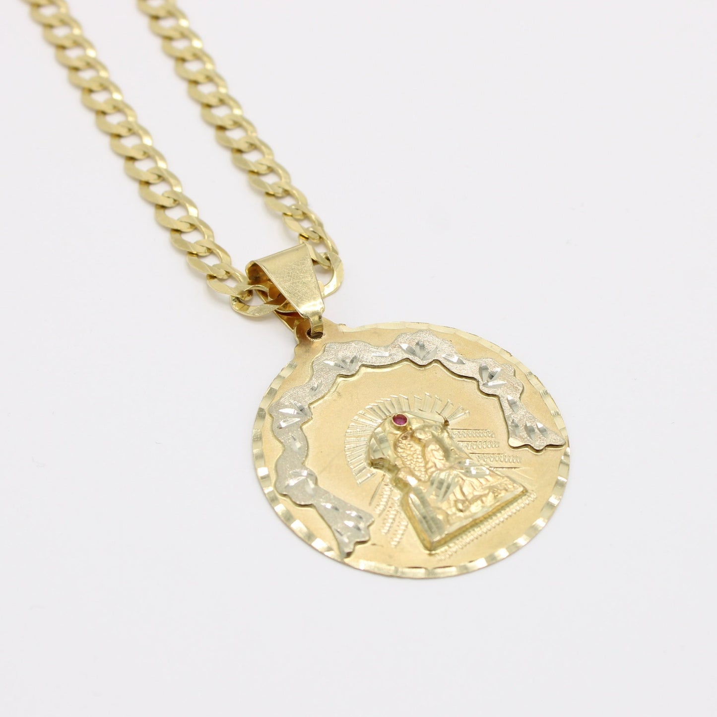 14K Virgen Maria Pendant (Red Stone) With Solid Cuban Chain Yellow Gold