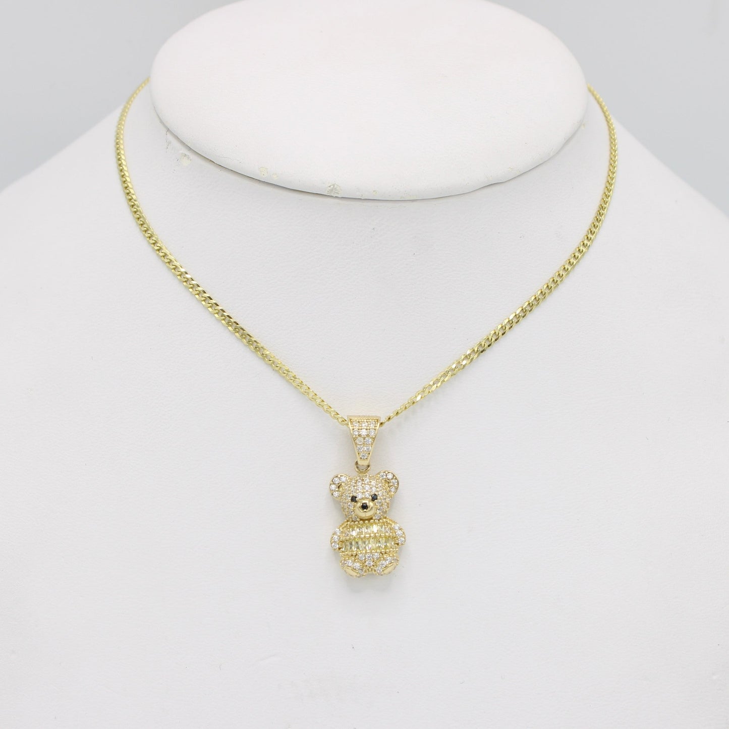 New 14K Teddy Bear Pendant Cz Stones with Solid Flat Cuban Chain Yellow Gold