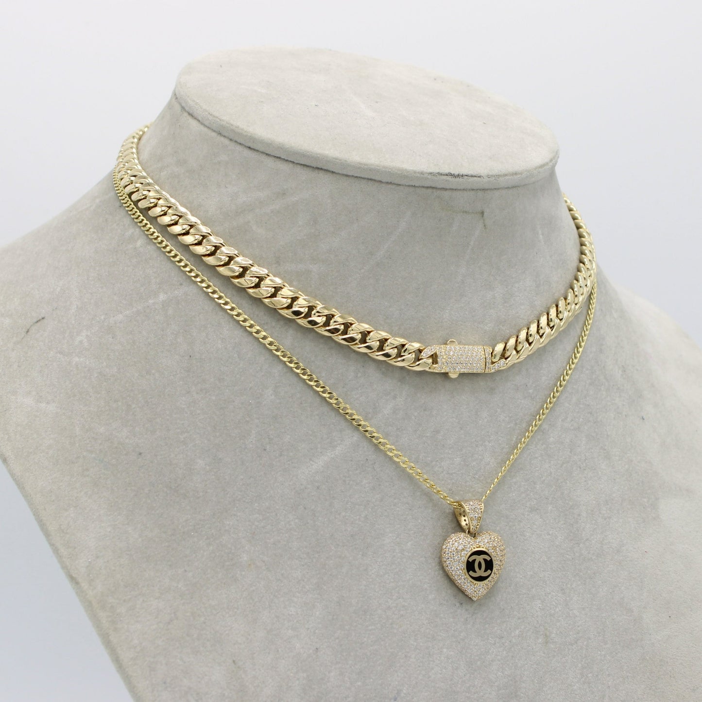 14K Set ITTALLO Choker and Heart Pendant Cz Stones With Cuban Chain Yellow Gold