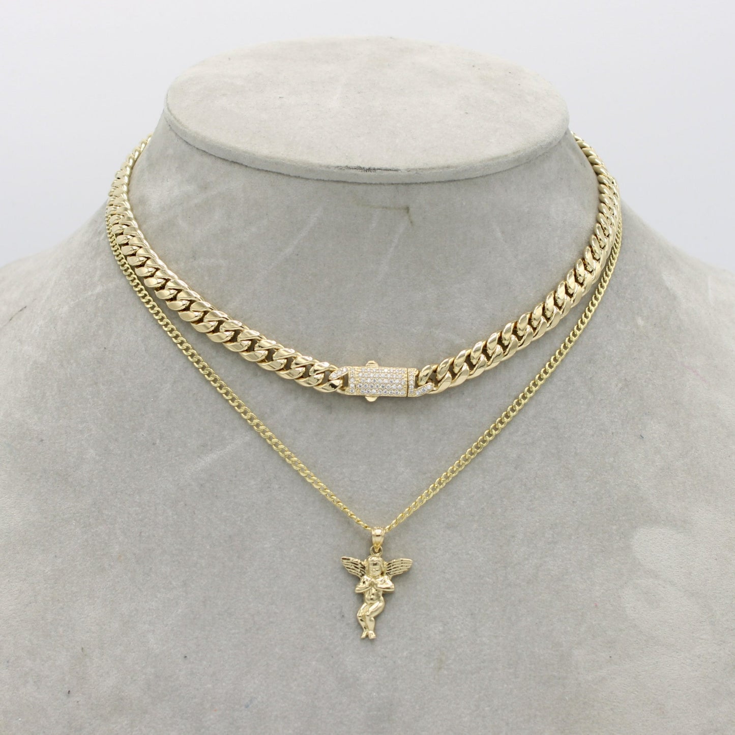 14K Set ITTALLO Choker and Angel Pendant Cz Stones With Cuban Chain Yellow Gold
