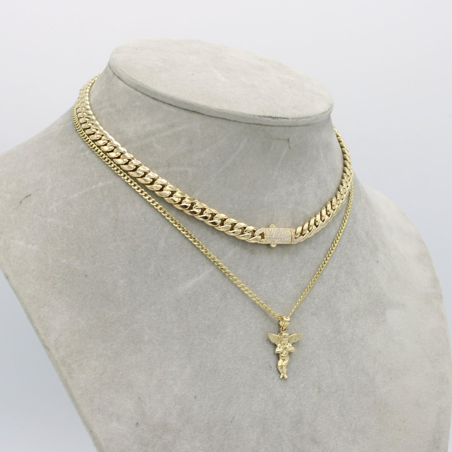 14K Set ITTALLO Choker and Angel Pendant Cz Stones With Cuban Chain Yellow Gold