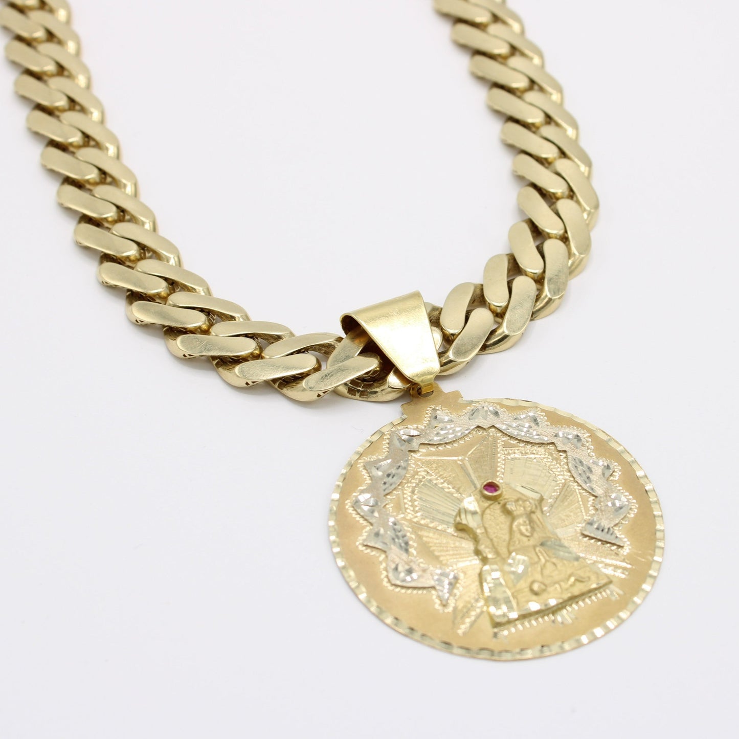 14K Virgen Mira Pendant (Red Stone) with ITTALLO Men´s Choker Yellow Gold