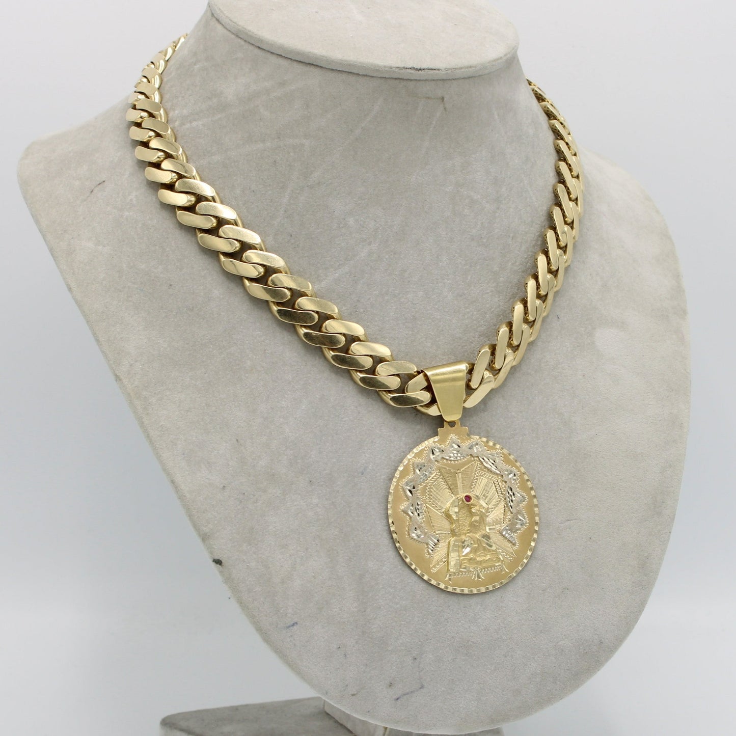 14K Virgen Mira Pendant (Red Stone) with ITTALLO Men´s Choker Yellow Gold