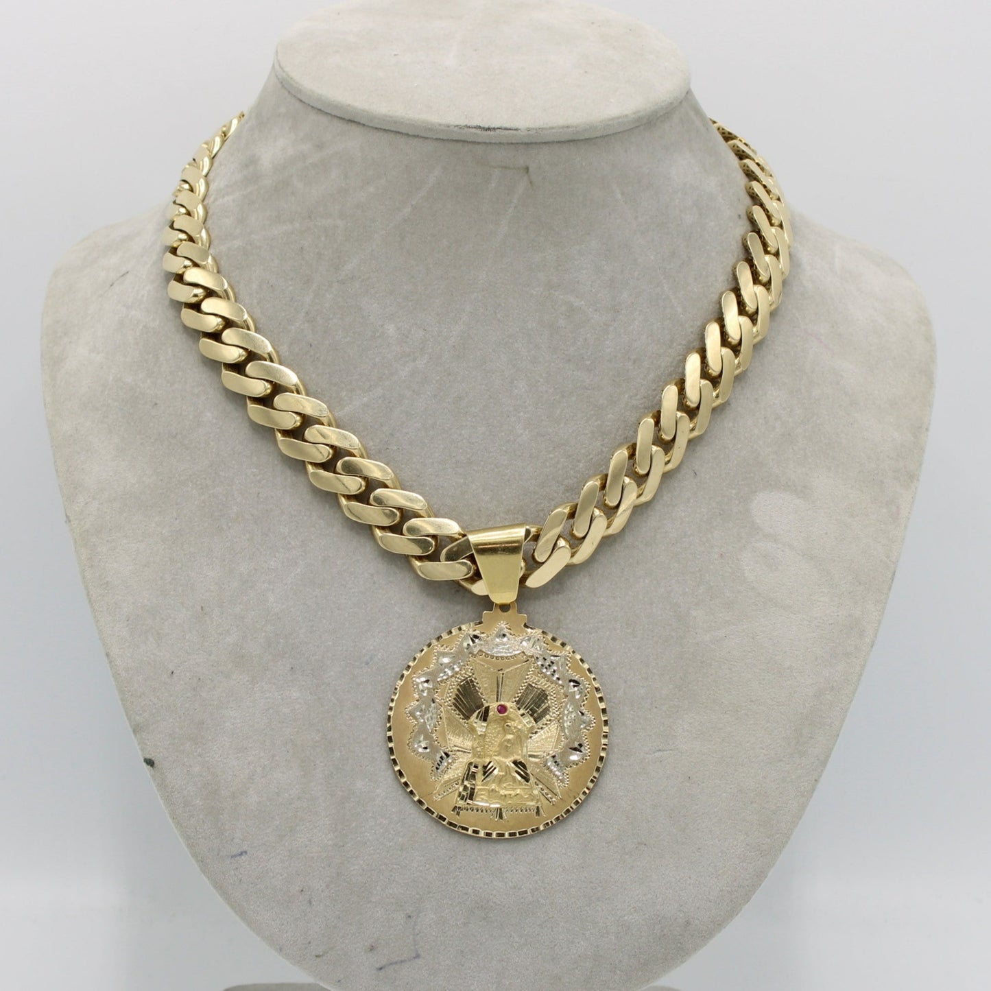 14K Virgen Mira Pendant (Red Stone) with ITTALLO Men´s Choker Yellow Gold