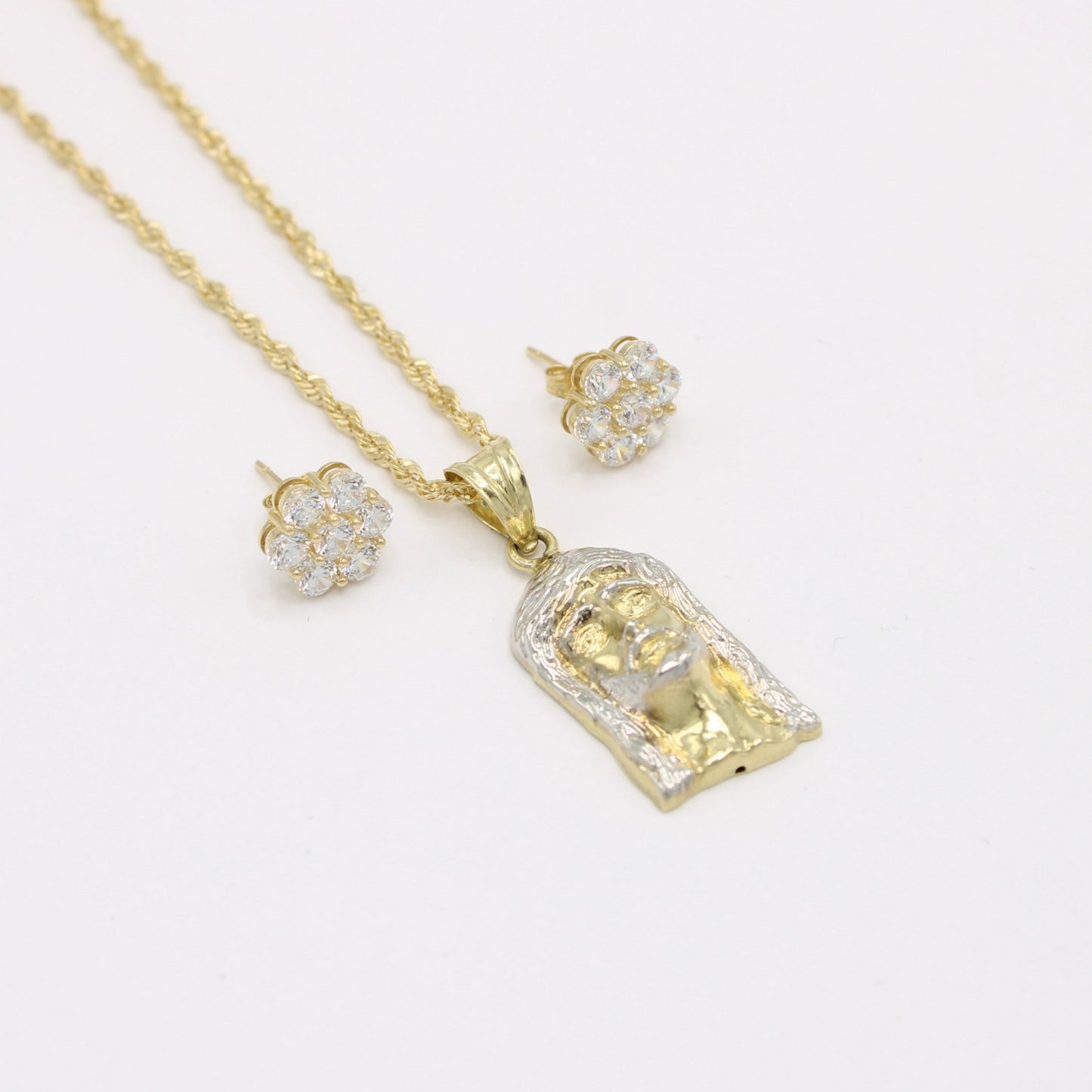 14K Jesus Face Pendant With Rope Chain And Earrings CZ Yellow Gold
