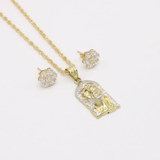 14K Jesus Face Pendant With Rope Chain And Earrings CZ Yellow Gold