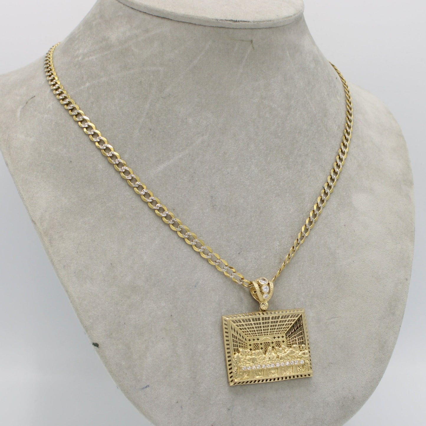 14k Last Supper Pendant Cz Stones With Solid Flat Cuban Chain Two Tones Yellow Gold