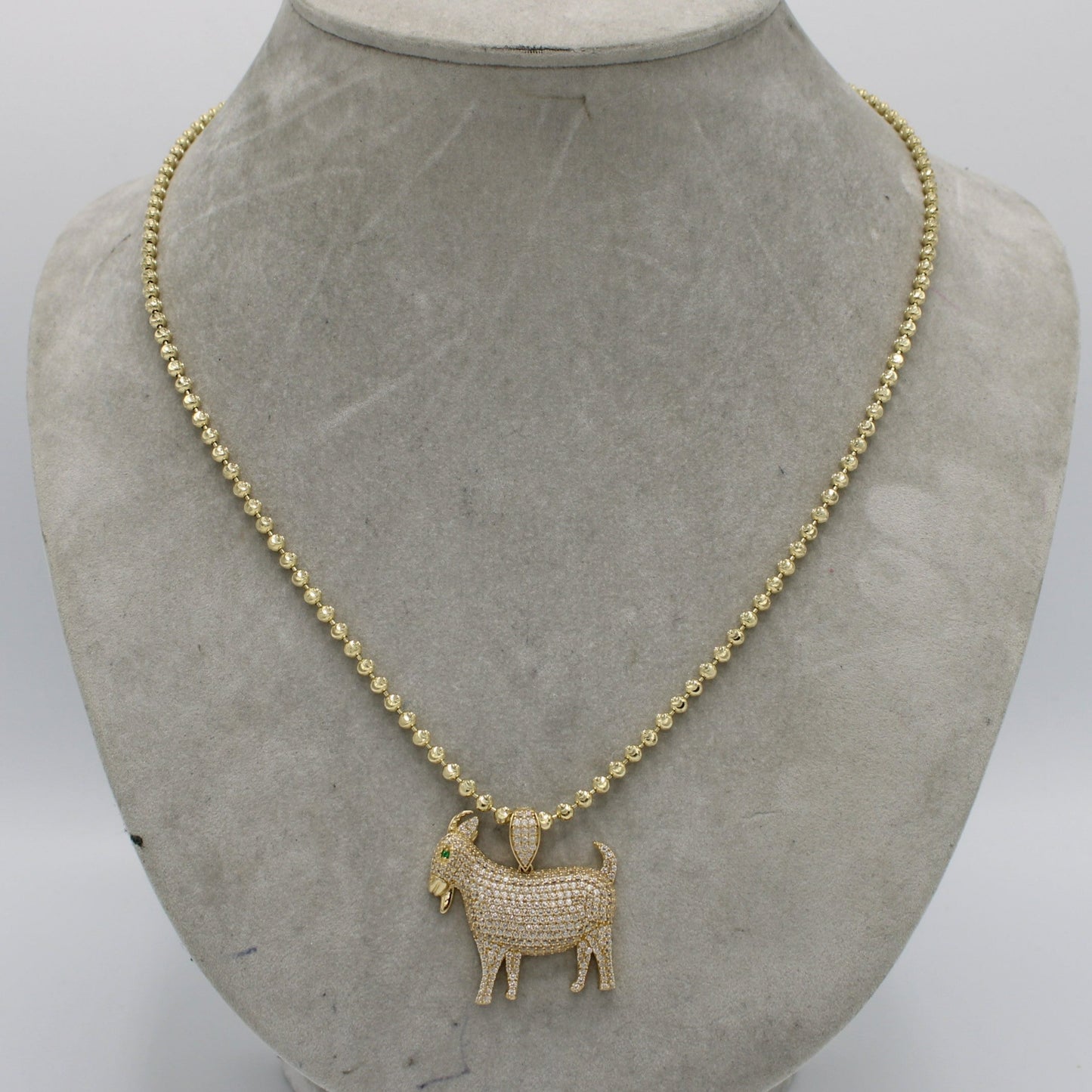 14K Goat Pendant Cz Stones With Solid Moon Cut Chain Yellow Gold