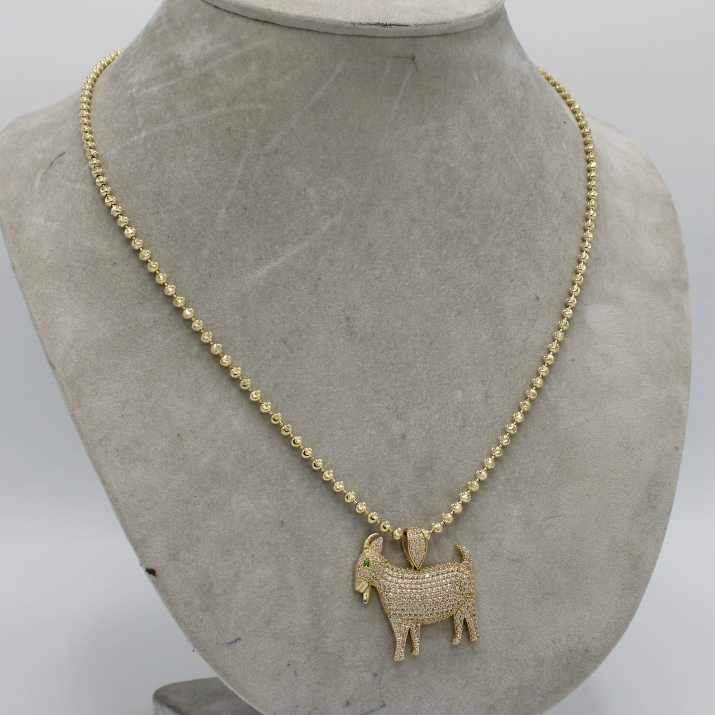 14K Goat Pendant Cz Stones With Solid Moon Cut Chain Yellow Gold