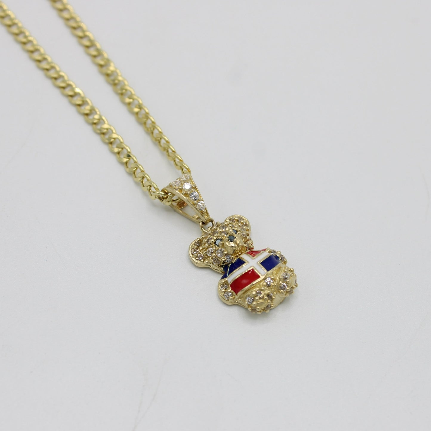 14k Teddy Bear Dominican Flag Pendant Cz Stones With Flat Cuban Chain Yellow Gold
