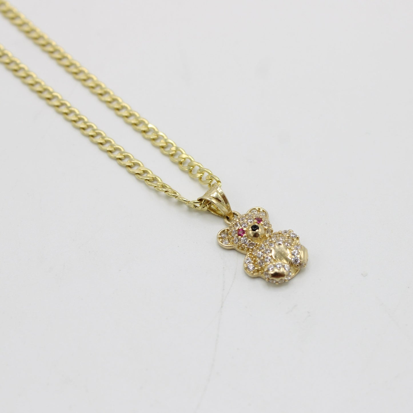 14k Teddy Bear Pendant Cz Stones With Flat Cuban Chain Yellow Gold
