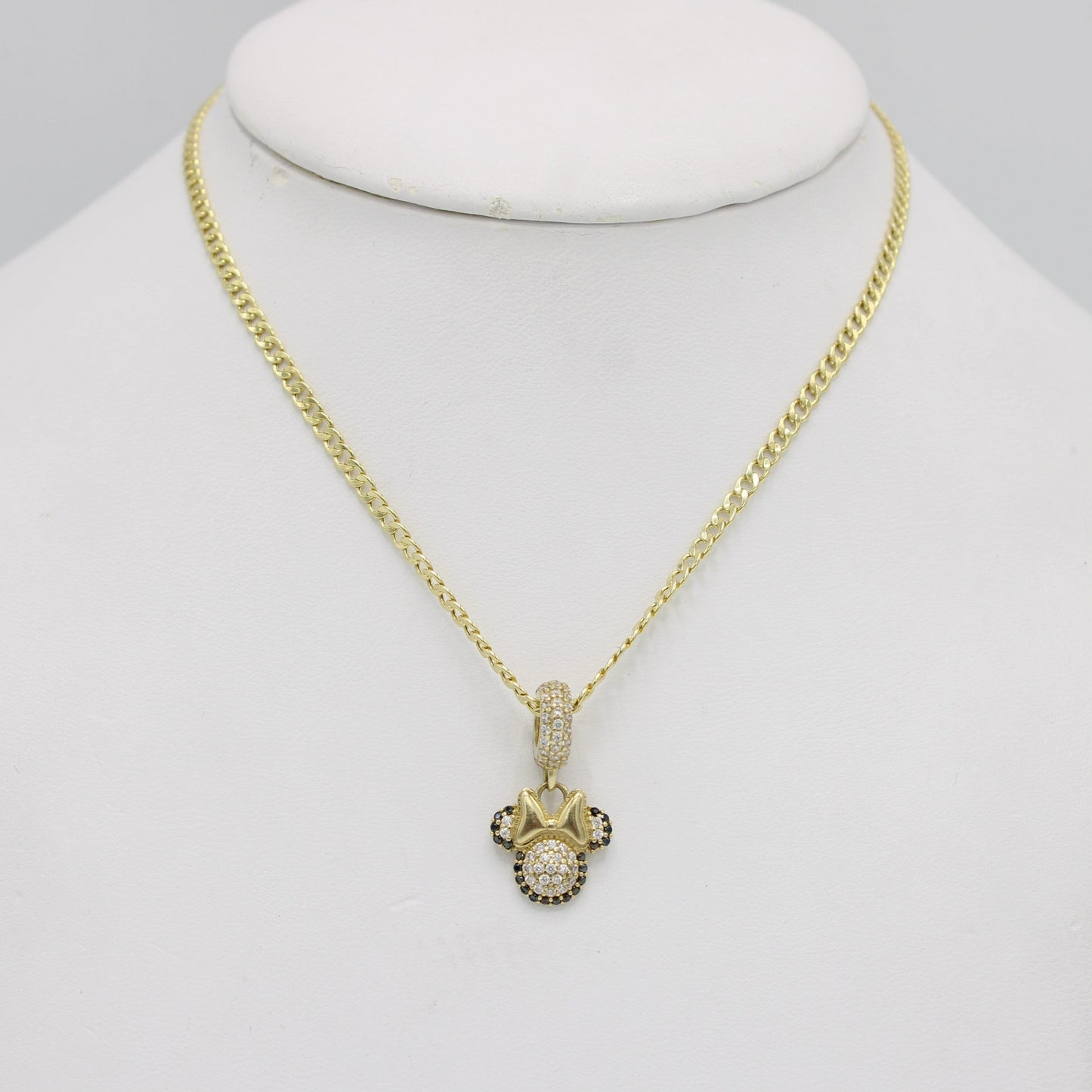14K Minnie Mouse Charm Cz Stones With Flat Cuban Chain Yellow Gold