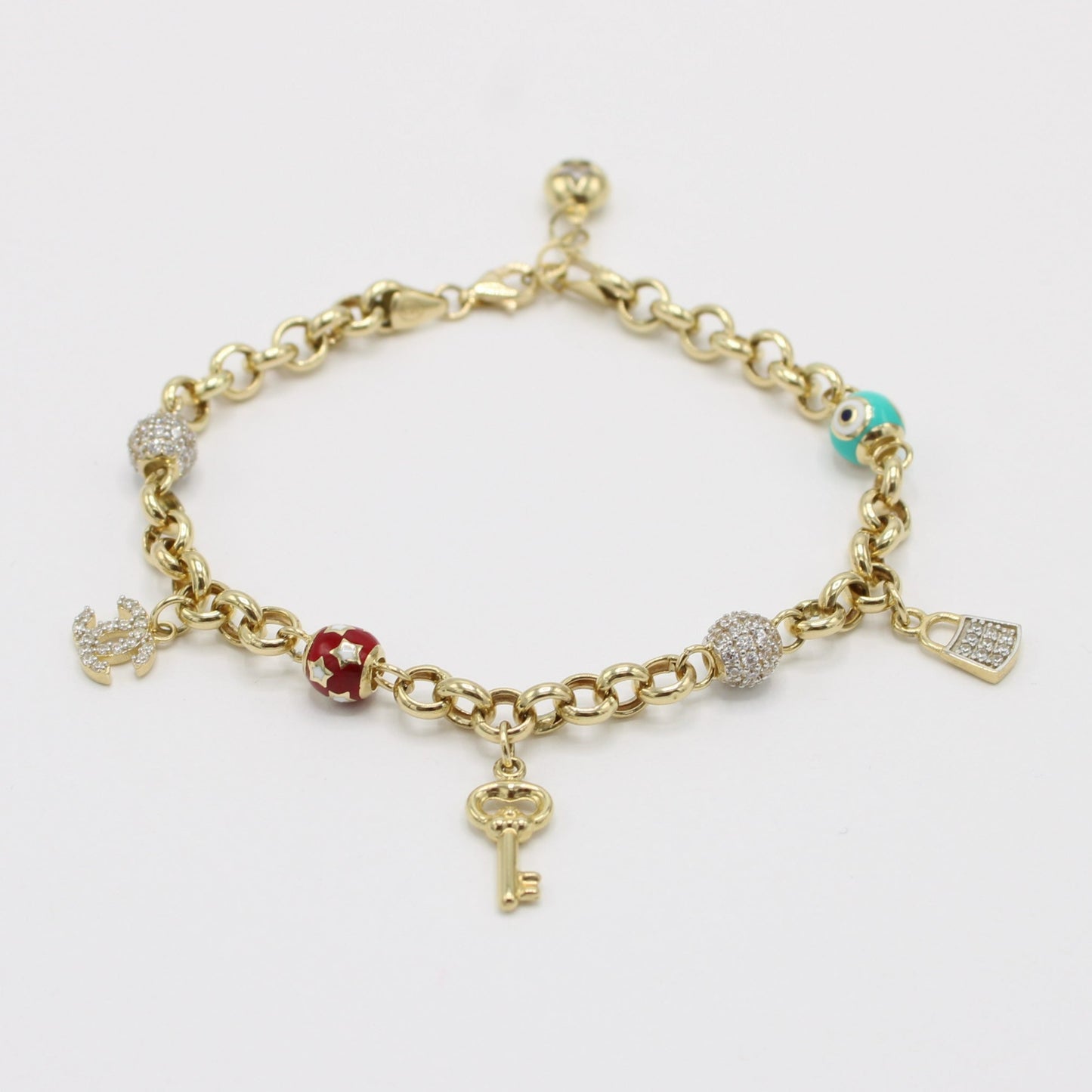 14K Bangle with Charms Cz Stones Yellow Gold