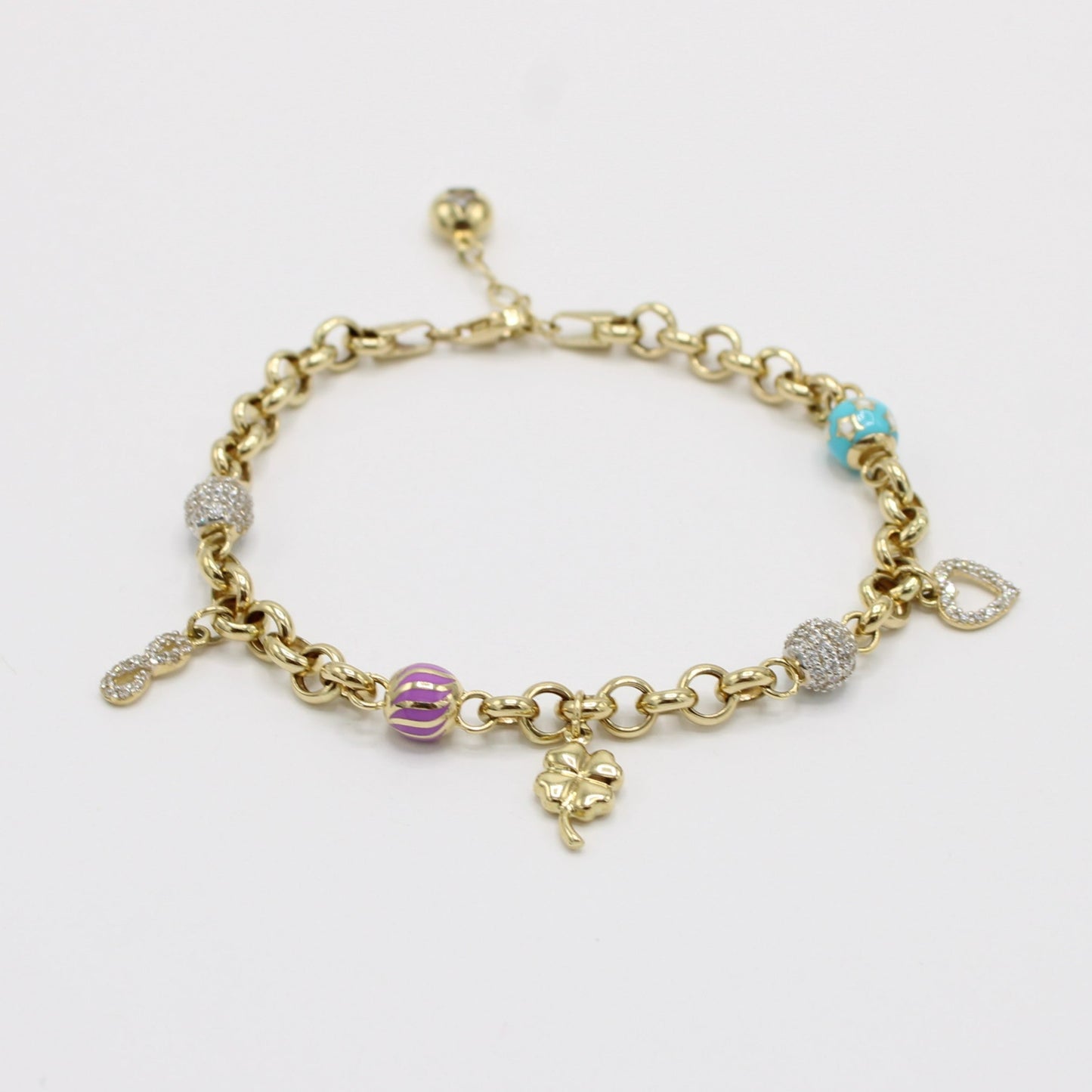 14K Bangle with Charms Cz Stones Yellow Gold