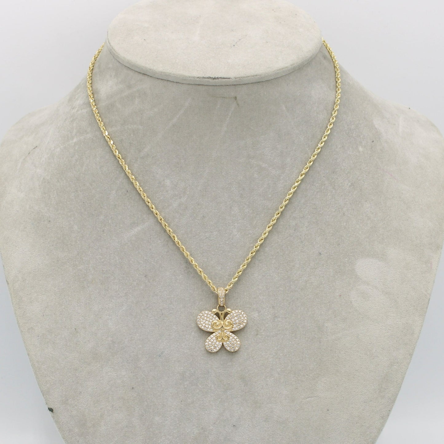 14K Butterfly Pendant Cz Stones With Rope Chain Yellow Gold